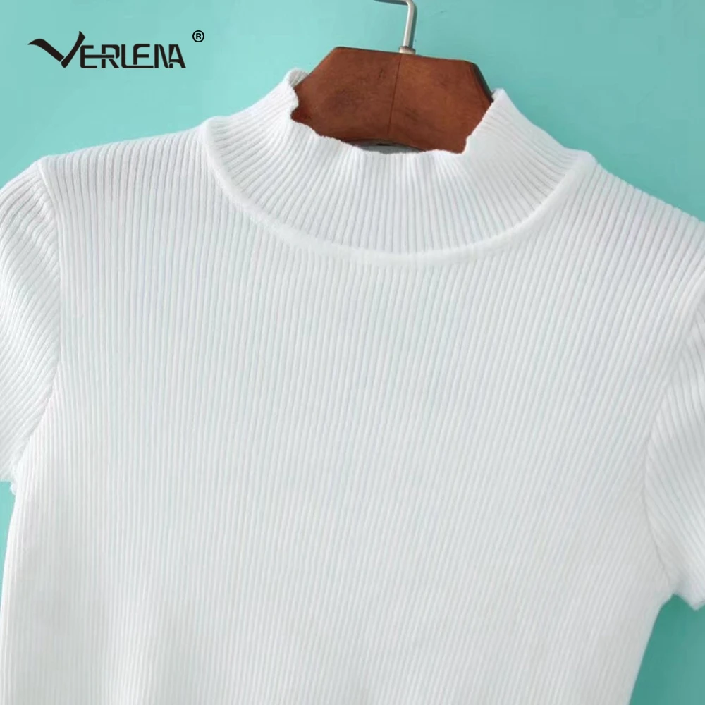 Verlena Cropped Jumper 2019 Solid Black Autumn Sweater Women Pullover Basic Knitwear Turtleneck Short Sleeve Crop Top Sweaters | Женская