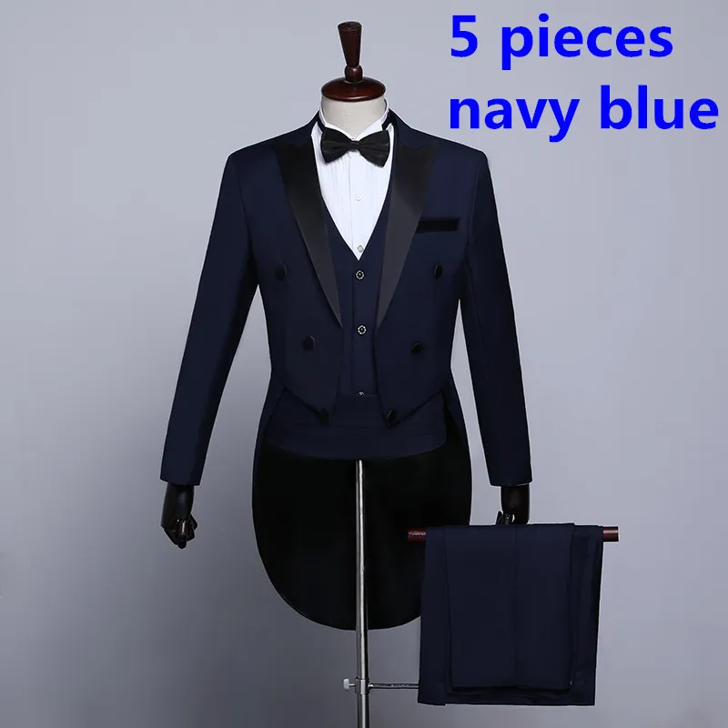 5pcs set navyblue PYJTRL мужской Классические черные и белые Темно-синие фрак смокинг Свадебные, для жениха костюмы для Для мужчин выходные туфли на выпускной бал Банкетный сценические костюмы певцов - Цвет: 5pcs set navyblue