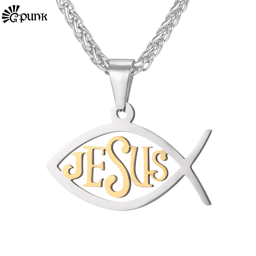 

Christian products wholesale custom jesus fish necklace unique jewelry with stainless steel chain jesus fish 3d emblem P2520G