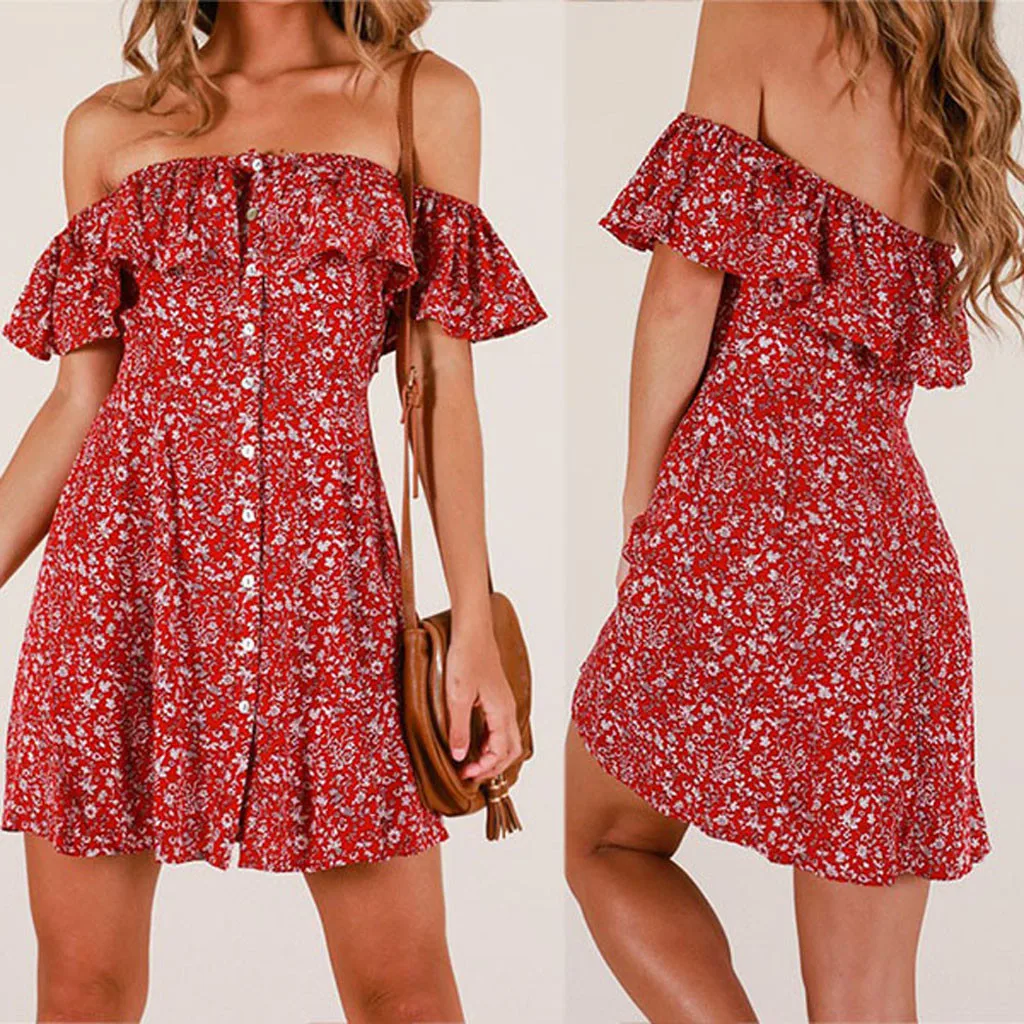 Женское мини платье на одно плечо повседневное свободное без рукавов с цветочным