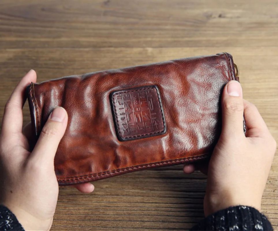 Винтажный Мужской клатч ручной работы из натуральной воловьей кожи удлиненный