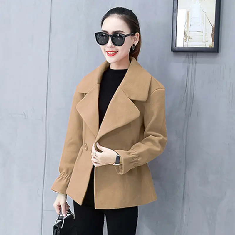 Autumn Winter Women Large Size Short Wool Coat Jacket New Slim Trumpet Sleeve Lapel Womens Overcoat Leisure Female Parkas WZ420 | Женская