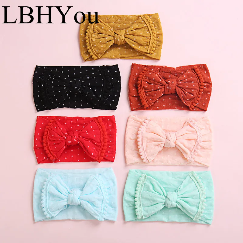 

20pcs/lot Newborn Baby Girls Polka Dot Width Nylon Headbands With Pompom Trims Soft Stretchy Bows Turban Head Bands Head Wraps