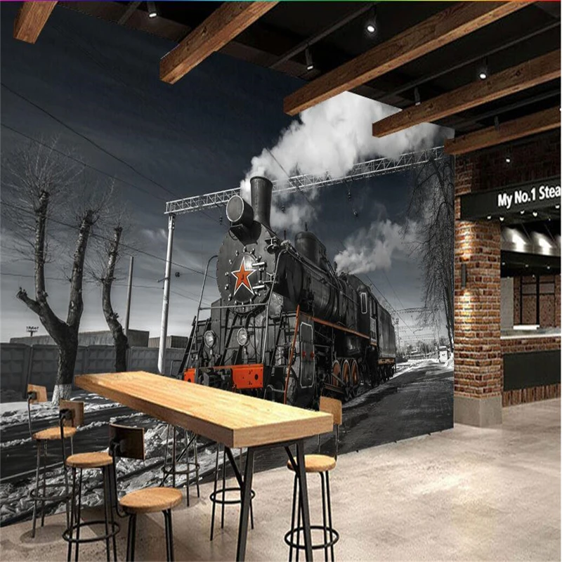 

beibehang Large Custom Wallpapers Mural Retro Tale Black And White Steam Train Cafe Bar Mural Background Wall papel de parede