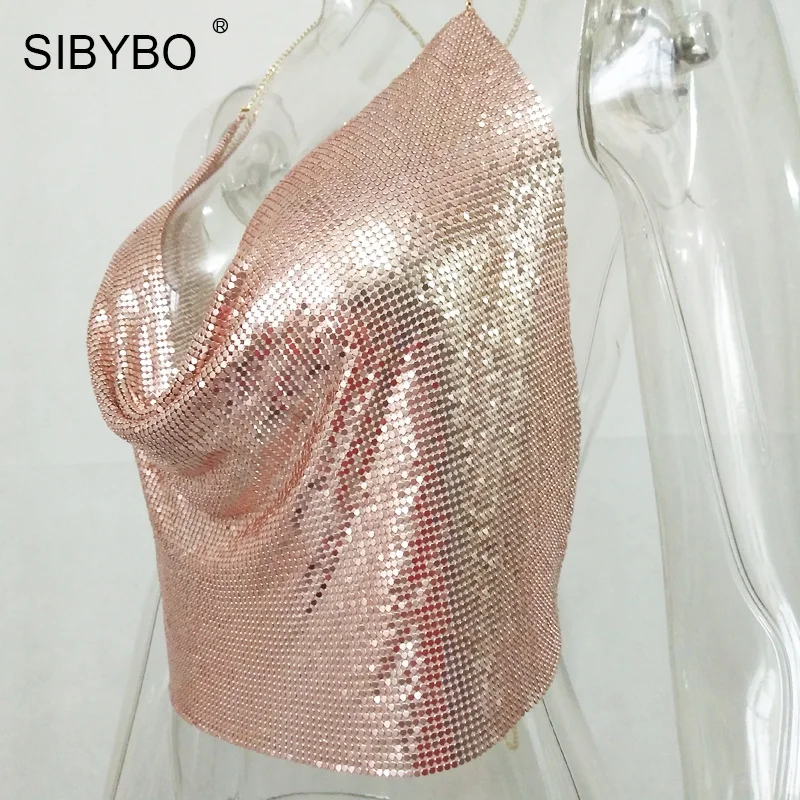 Sibybo, сексуальные женские топы с металлической отделкой,, с открытой спиной, топы с бюстгальтером без косточек, летние, пляжные, вечерние, Клубные, женские, с блестками, Обрезанные, майка, камзол