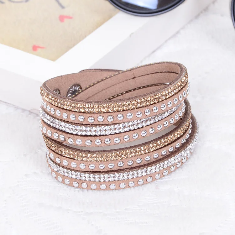 New Colorful 6 Rows Rhinestone Leather Wrap Wristband Cuff Punk Crystal Bracelets Bangle | Украшения и аксессуары