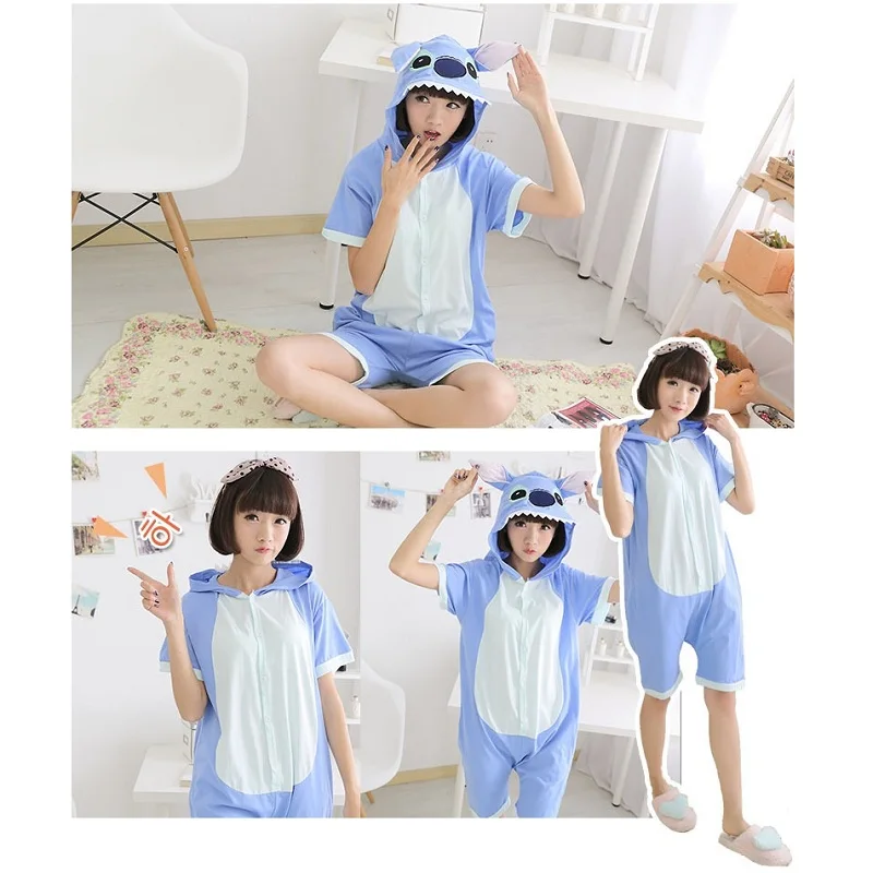 Vanled Взрослых Лето Синий Стежка Onesies Короткими Рукавами Пижамы Ночные Сорочки