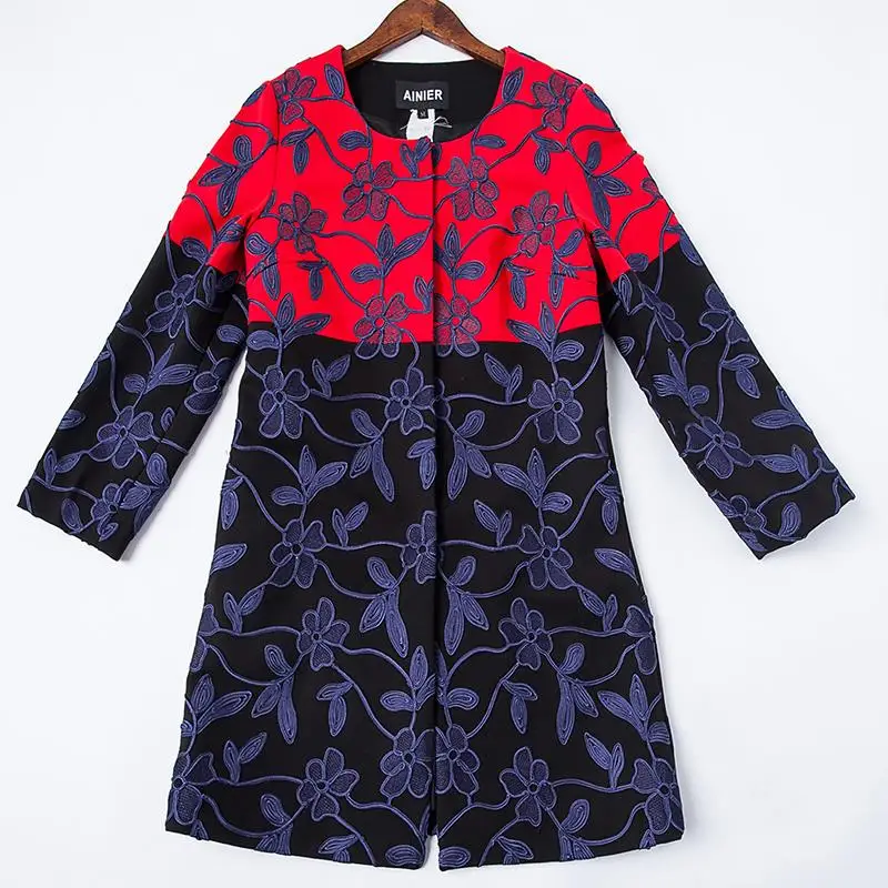 Elegant Jacket New 2016 Autumn Winter Fashion Brand Full Sleeve Blue Embroidery Red Black Spliced Women Long | Женская одежда