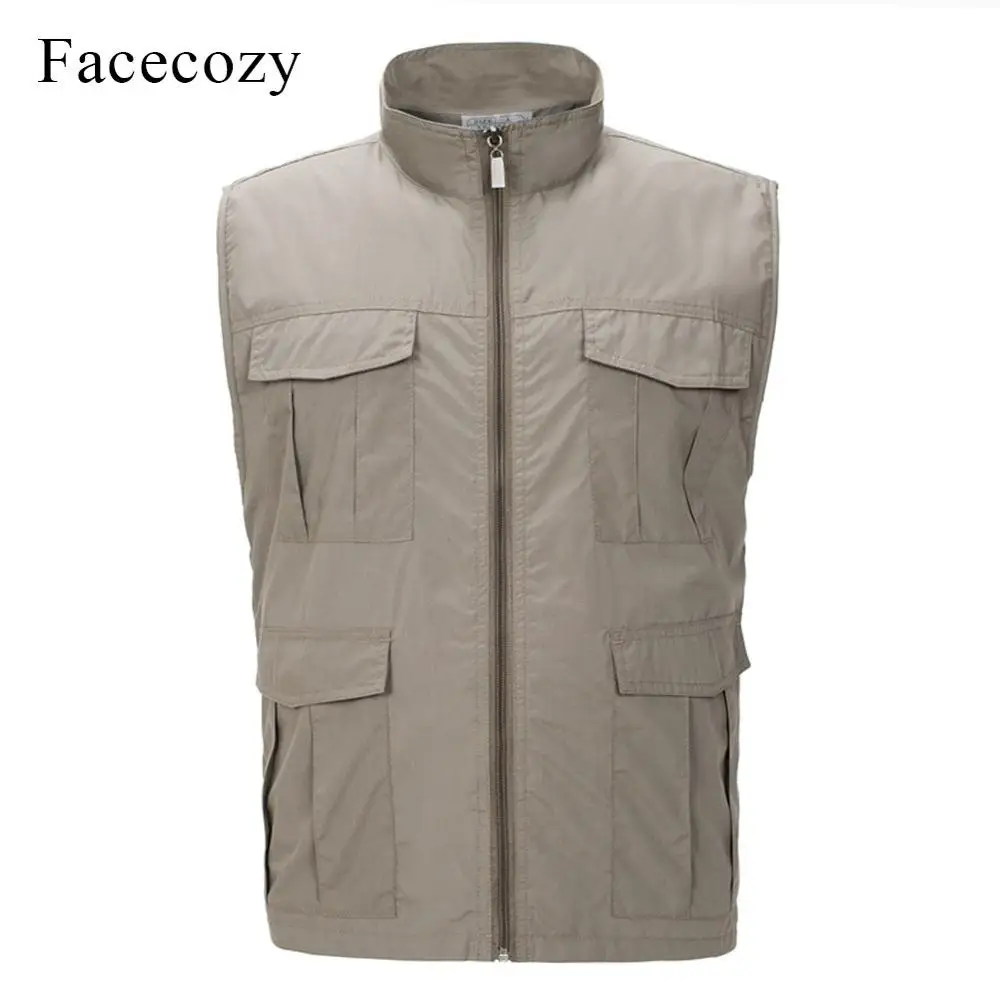 Khaki Vest Facecozy, мужской туристический жилет для улицы, дышащий сетчатый топ без рукавов с несколькими карманами, Быстросохнущий летний мужской жилет - Цвет: Khaki Vest