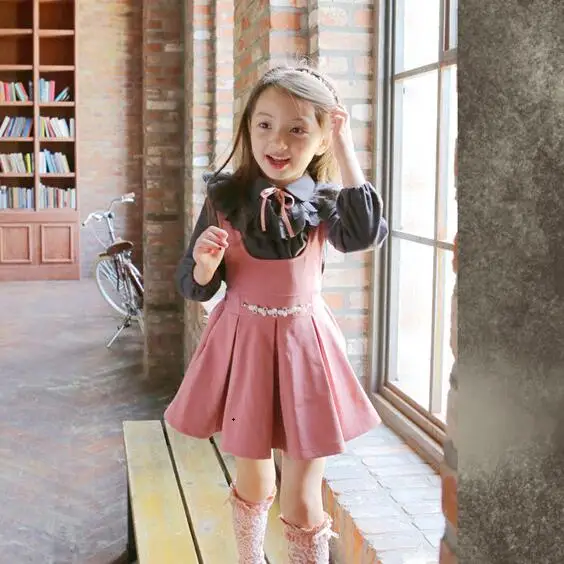 2019 Spring New Girls Dress Suit Baby Kids Pleated Vest + Shirt Tops With Laces 2 Pcs Children's Wear Twinset DF175 | Детская одежда