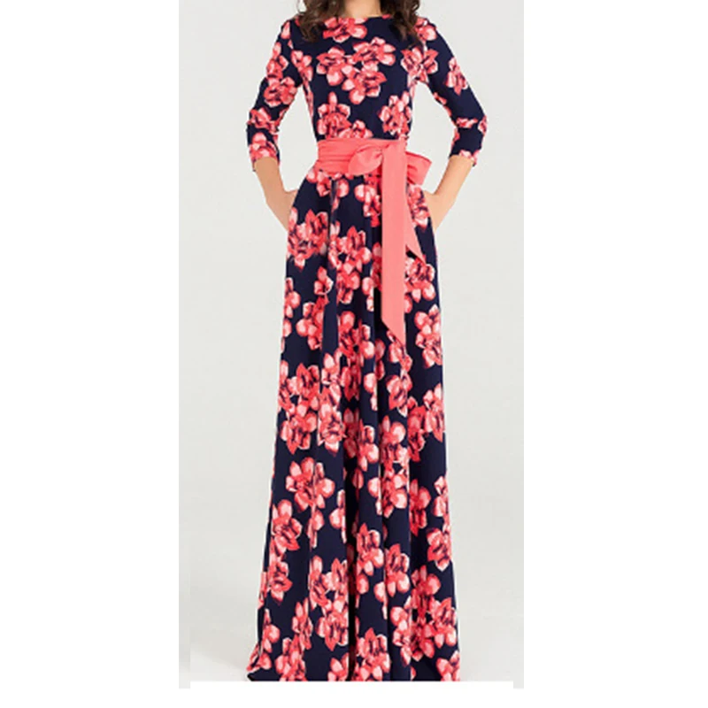 

Women printing autumn dress Elegant O-neck loose style long party dress for female 2018 Hot sale women vestidos