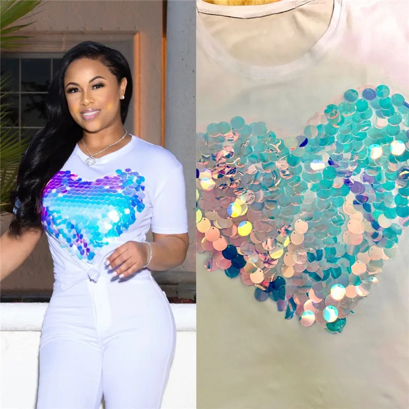 Хлопковая футболка с блестками в форме сердца двусторонние футболки о вырезом и