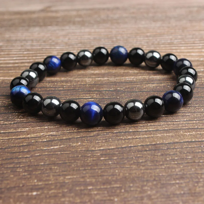 LanLi 8mm fashion Jewelry Tiger Eyes Black Onyx hematite interval beads bracelet Suitable for self- use gifts