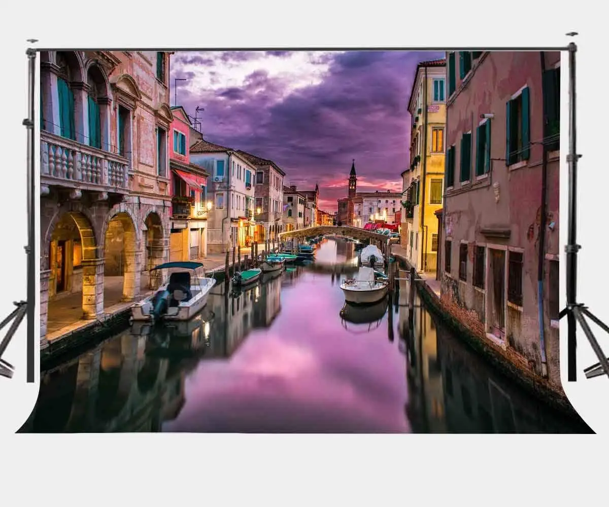 

150x220cm Beautiful Waterside Town Backdrop Retro Houses Dusk View Photography Background