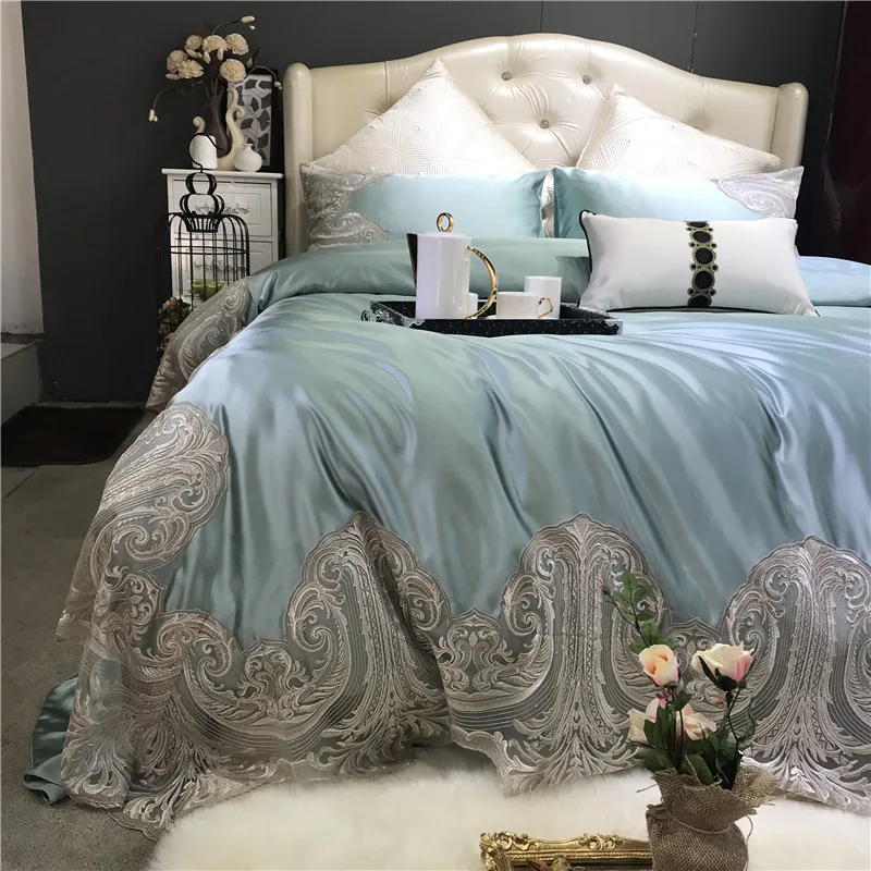 

Light Green Champagne Luxury Romantic Lace Embroidery 100S Silk Cotton Palace Bedding Set Duvet Cover Bed sheet Pillowcases 4pcs