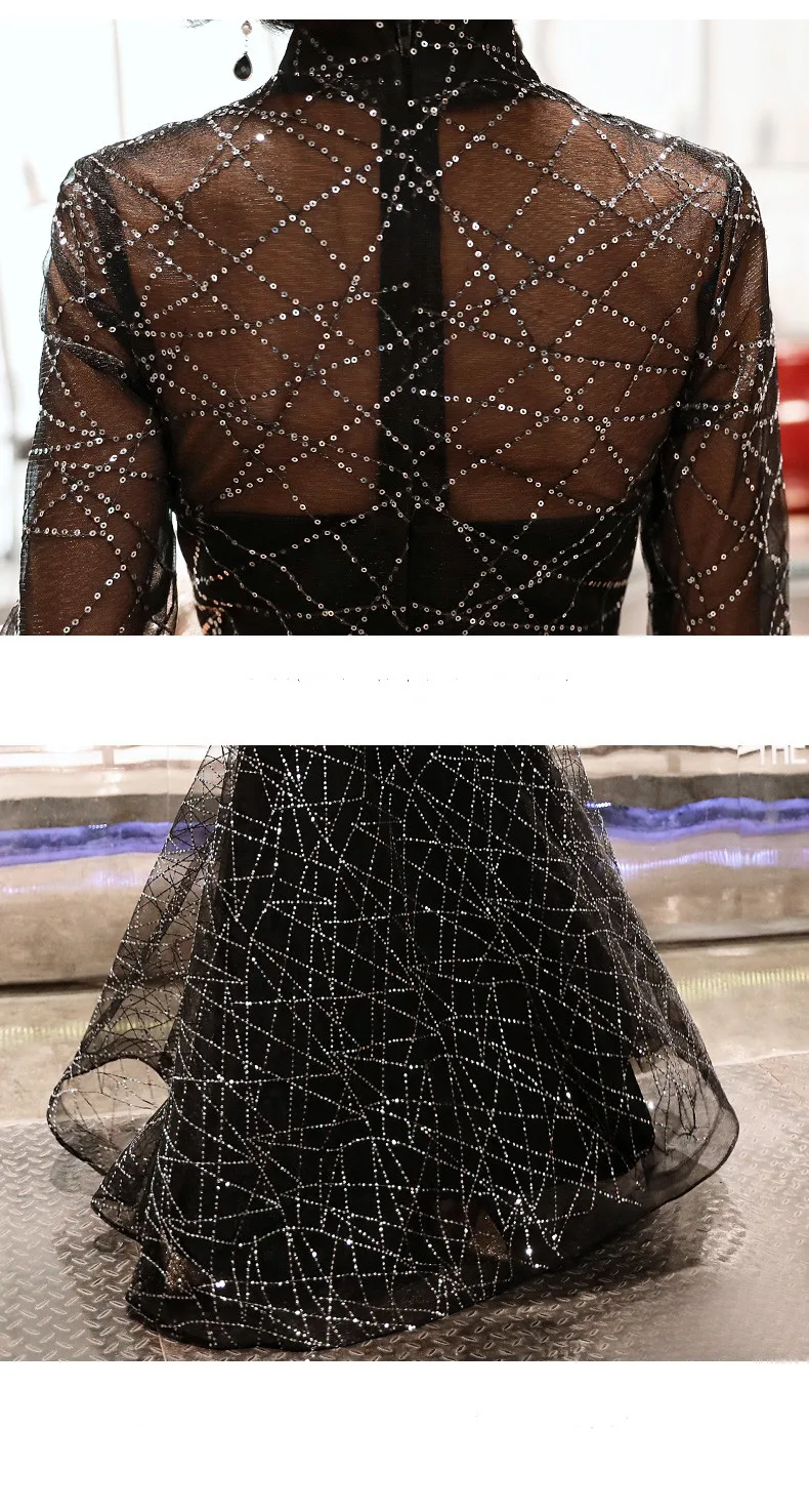 Beauty Emily Elegant Evening Dresses Black Sequined A Line Sexy Illusion Stain Heavy Beaded Formal Dress with Sashes | Свадьбы и