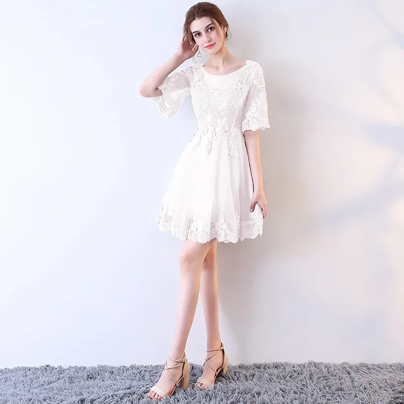 White Robe de soiree, черные кружевные модные короткие вечерние платья с открытой спиной, пышные рукава, vestido de festa, платья для выпускного вечера, Платья для вечеринок - Цвет: White