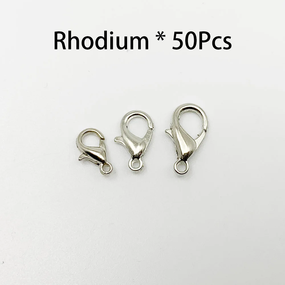 Rhodium 50 шт./лот, 10*5, 12*6, 14*7 мм, золото, серебро, родий, металл, омары, застежки, крючки для ожерелья, браслета, цепи, сделай сам, ювелирное изделие - Цвет: Rhodium