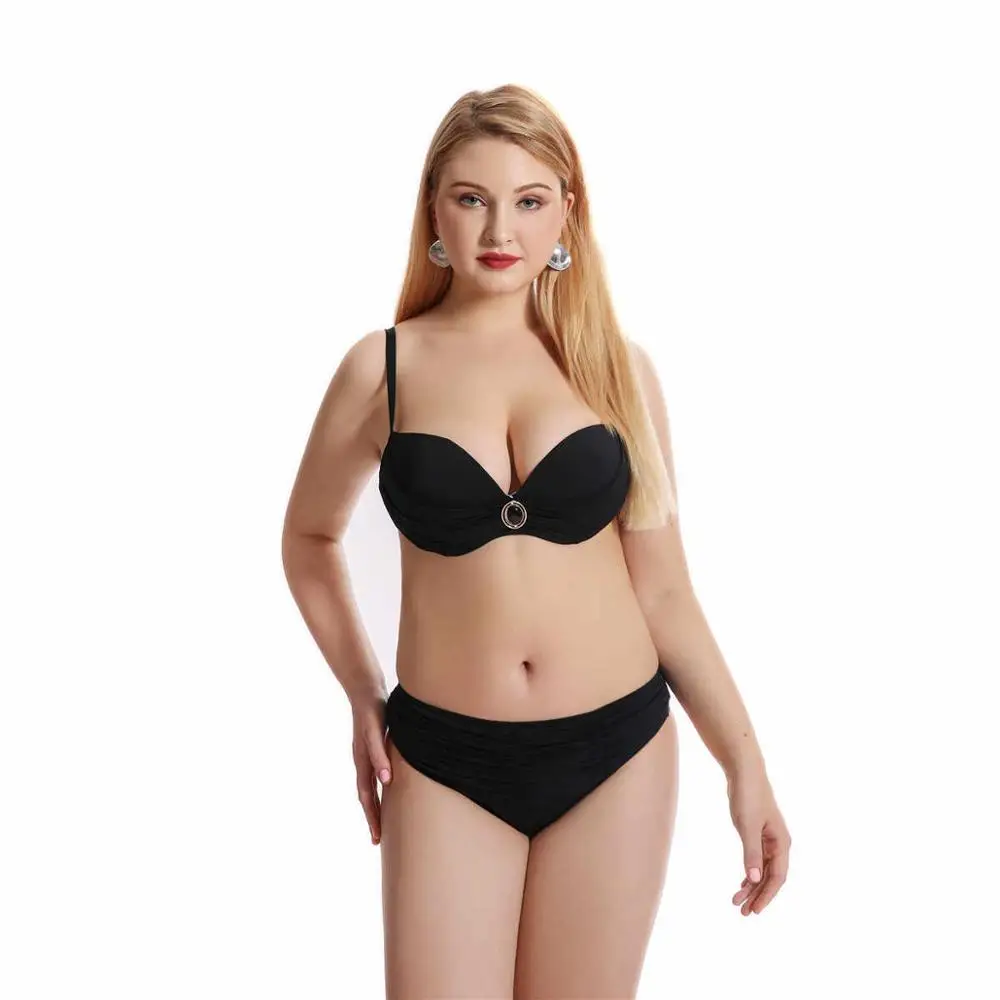 Майка с сердцем 2XL-6XL размера плюс, Одноцветный бикини, комплект бикини, пуш-ап, купальник для женщин, купальник, плюс размер, пляжный купальник для купания - Цвет: Черный