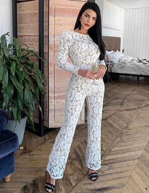 Summer White Bodysuit Deep O-Neck Female Body Hot Sexy Women Long Sleeve Lace Jumpsuit Overalls Streetwear