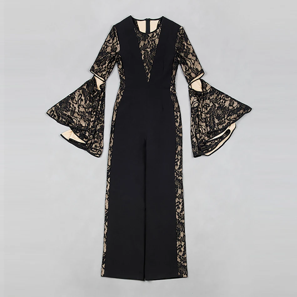 Artsu Summer Chic Lace Full Sleeve Straight Jumpsuits Evening Party 2018 Women's Elegant Black O-Neck Long Hot Sale | Женская одежда