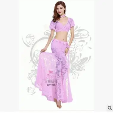 light Purple Новые кружевные брючные костюмы из спандекса, топ и юбка для сцены, тренировочная одежда для женщин/девочек, 10 цветов - Цвет: light Purple