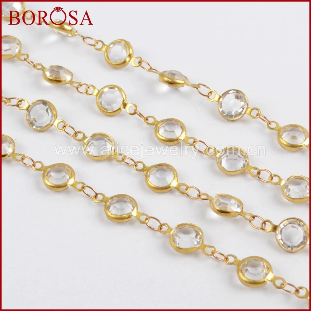 

BOROSA Gold Color 7mm White Crystal Druzy Crystal Faceted Coin Rosary Chains for Necklace Drusy Chains Jewelry Finding JT197