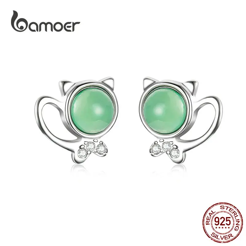 Bamoer, серьги с котом для девочек, подарки, трава, зеленый камень, кошечка, шпилька, Настоящее серебро, 925, не вызывает аллергии, модное ювелирное изделие SCE653