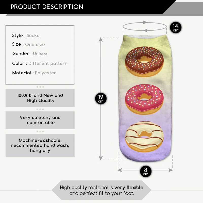 Три пончика Омбре еда носки для женщин 3D хлопок короткие Харадзюку calcetines mujer