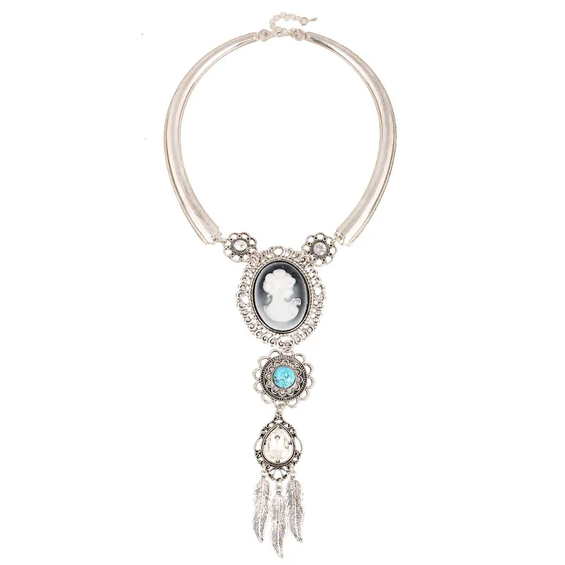 

European Women Cameo Beauty Portrait Gem Leaf Tassel Choker Collar Necklace Retro Silver Jewelry