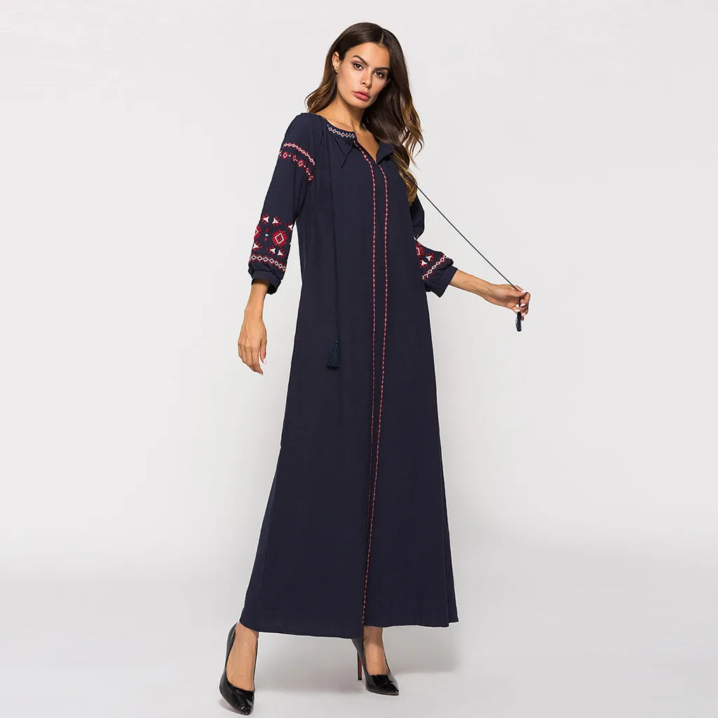 Женское мусульманское длинное платье 2019 с длинным рукавом и вышивкой арабское