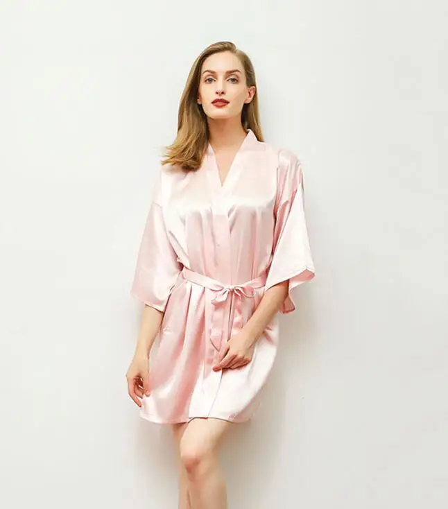 M-XXL, женское сексуальное кимоно, халат для невесты, Свадебный халат подружки невесты, однотонная Пижама, домашнее платье, банное платье, атласная пижама, пеньюар - Цвет: Light Pink