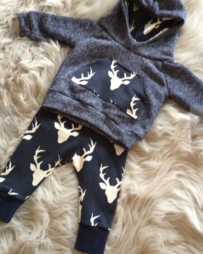 2020new fall autumn Newborn Baby Boy Girls Clothes Cute Tops Hooded + Deer Long Trousers 2pcs Outfit Kids infant Clothing Set | Детская