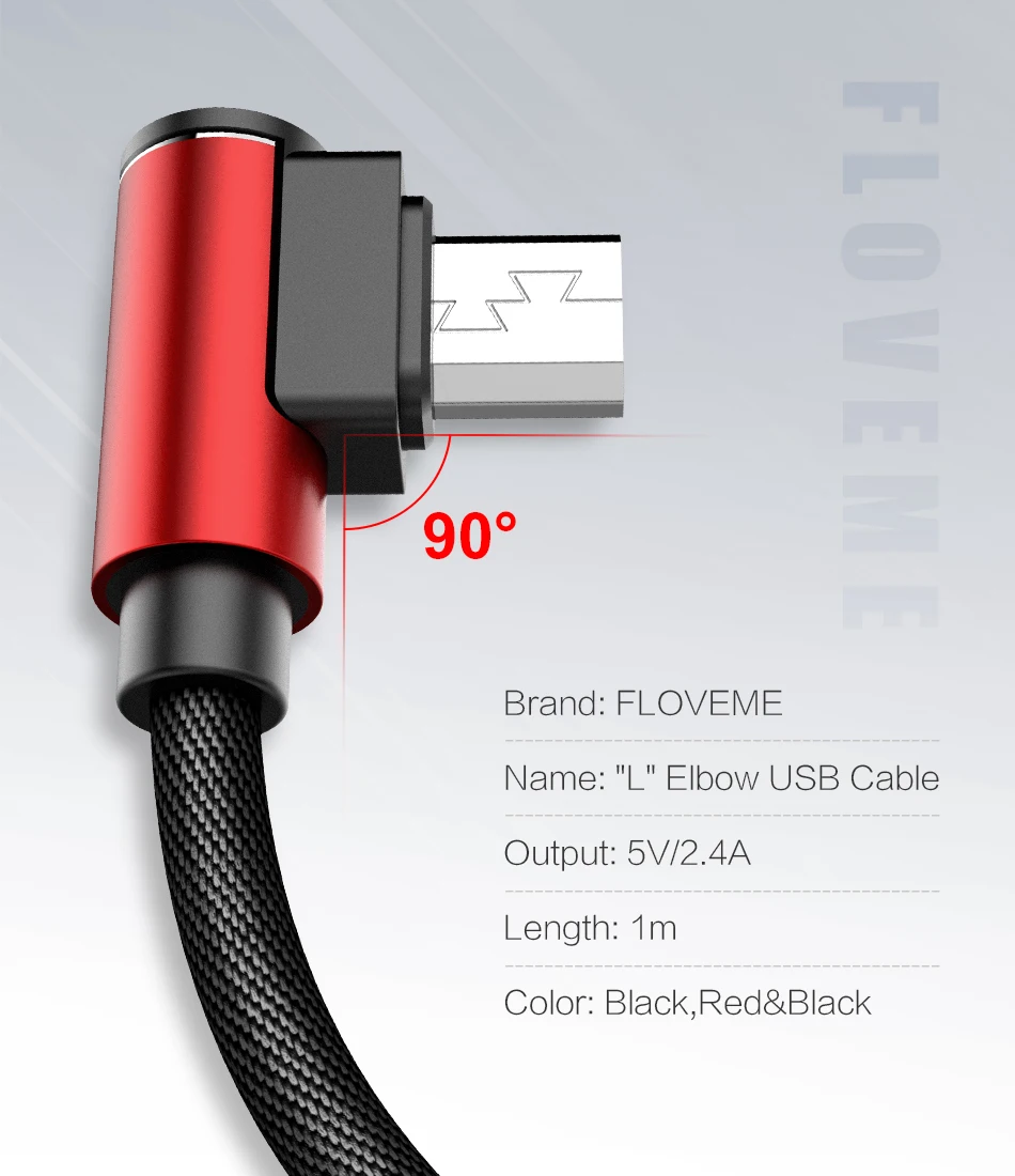FLOVEME 90 градусов Micro USB кабель для Xiaomi Redmi 4X Note 4 2.4A кабель для быстрой зарядки USB телефон зарядное устройство кабель для передачи данных шнур провод 1 м