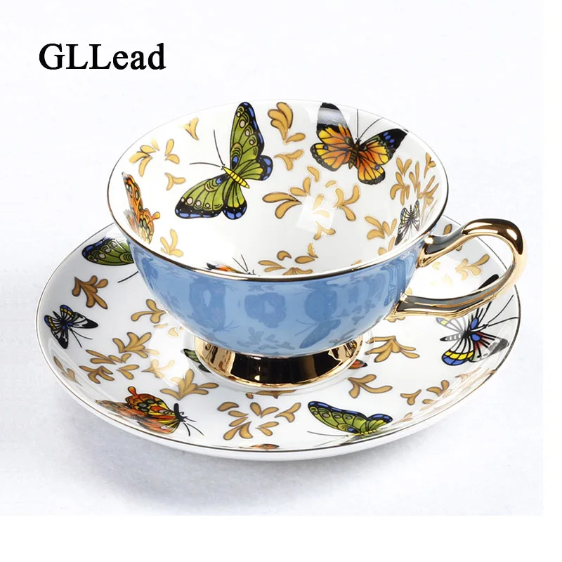 GLLead Костяной фарфор кофейные чашки наборы Красочные бабочки керамические чайные чашки и блюдца Британский офис чайная чашка из фарфора хороший подарок