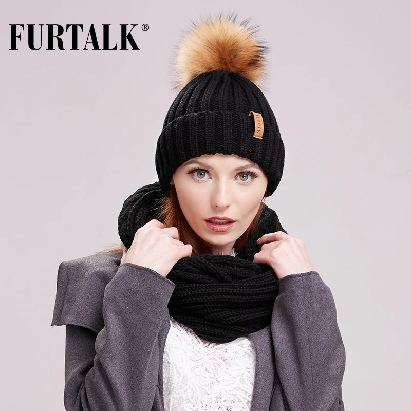 FURTALK зимняя шапка шарф набор для женщин с меховым помпоном женская теплая и кольцо черный белый цвет|hat scarf