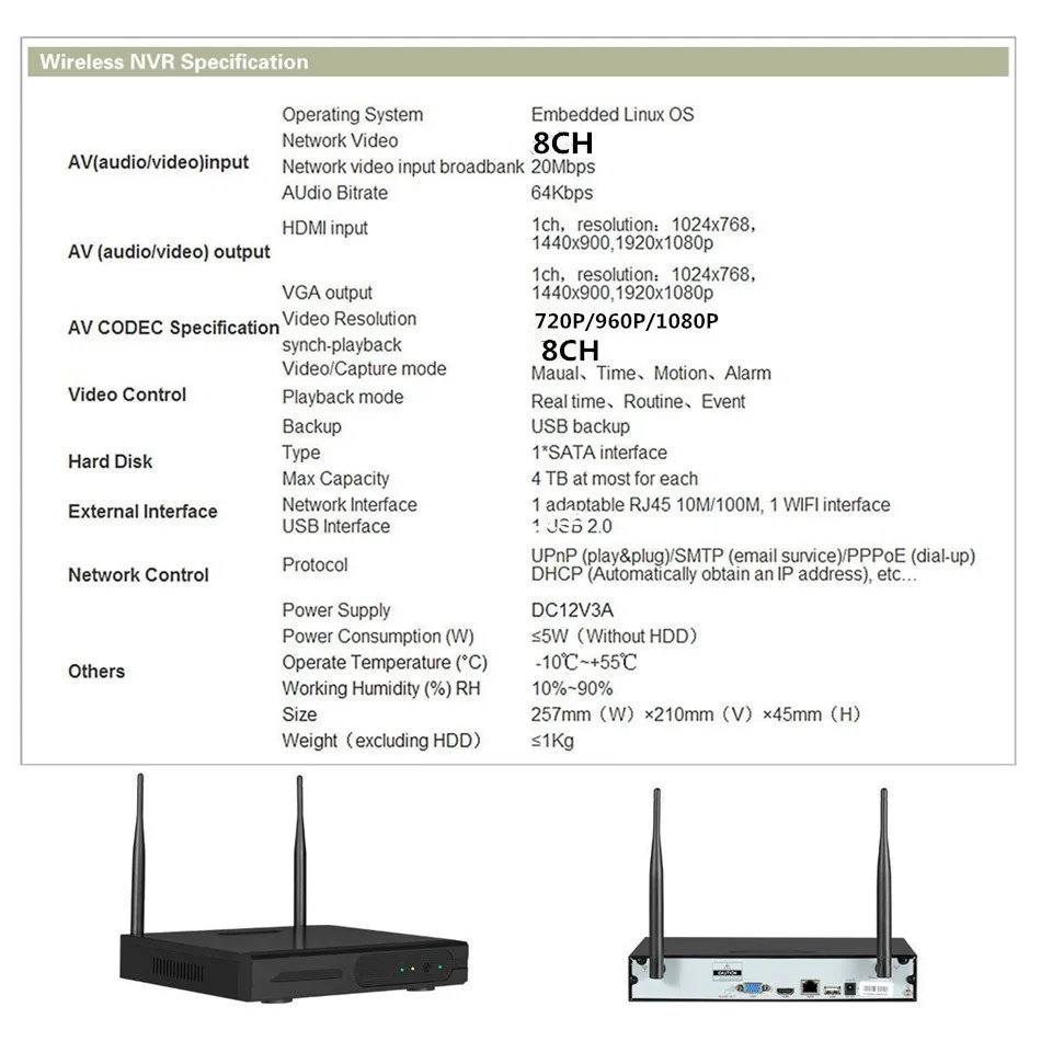 Беспроводная система видеонаблюдения Full HD 1080P 8 каналов 2 МП IP-камера Wi-Fi |
