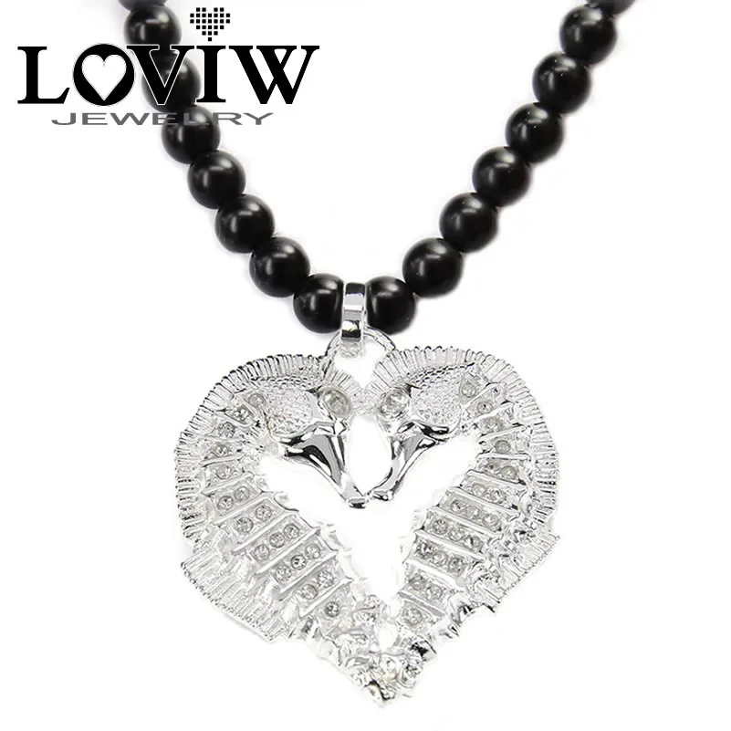 heart sea horses beaded necklace black stone beads chain silver colour pendent elegant Gothic party Jewelry NEW | Украшения и
