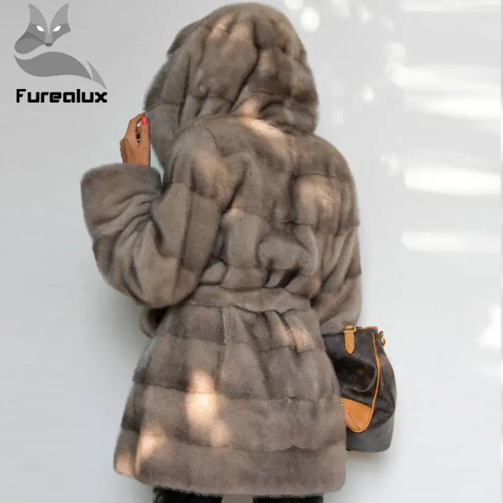 Furealux Настоящее 75 см Норковое Пальто с капюшоном для женщин теплое свободное с поясом натуральный мех норки Куртки с поясом Верхняя одежда для женщин s