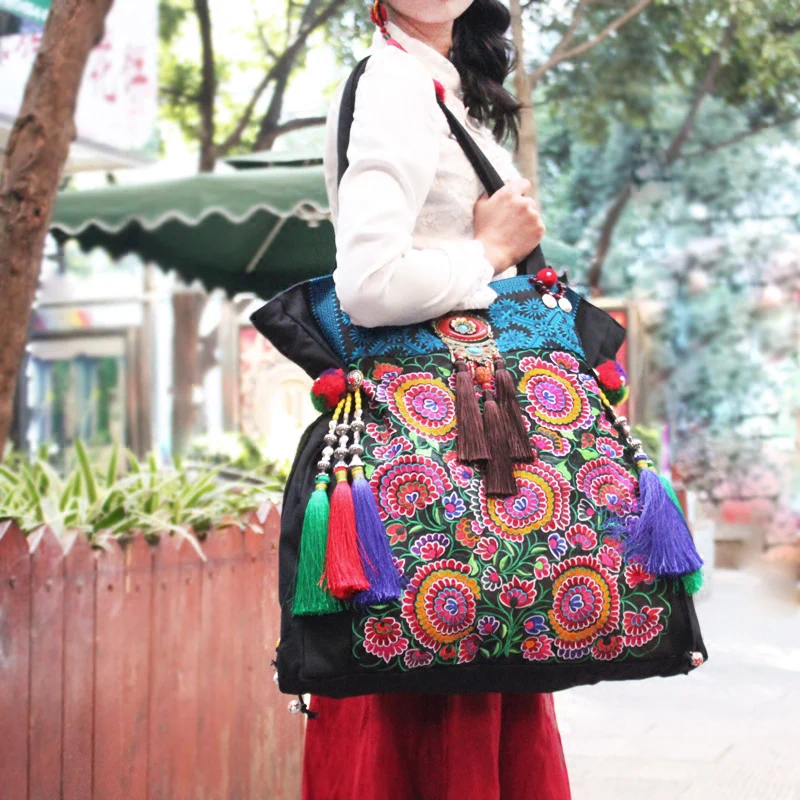 Супер большой 50 см Этническая сумка с вышивкой Hmong Boho Thai Tassel Вышитые Сумки