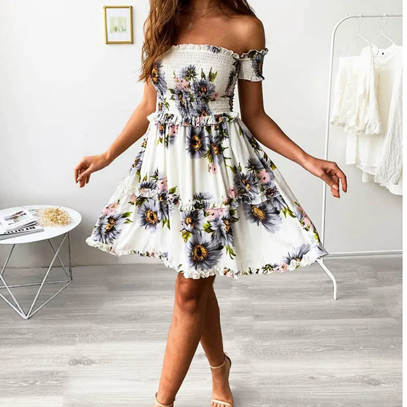 Женское платье с коротким рукавом Пляжное мини-платье принтом и лямкой на шее 2019 |