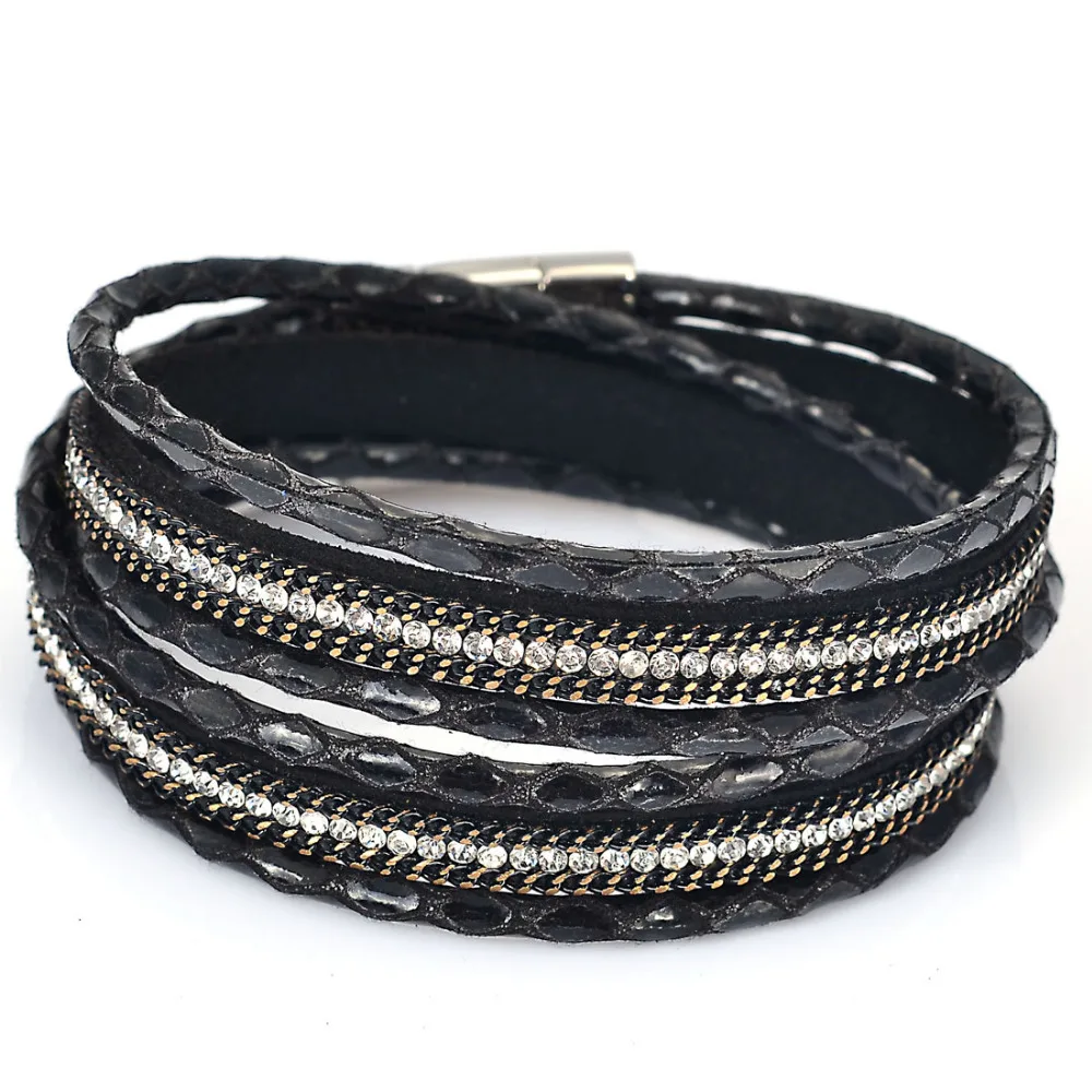Женский браслет из змеиной кожи с двойной застежкой и кристаллами | Украшения