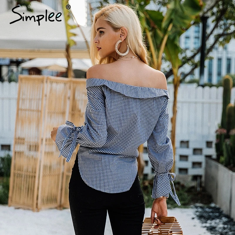 Simplee Повседневное с открытыми плечами сетки блузка рубашка Женщины Flare рукавом