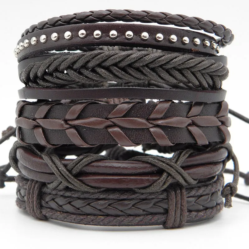 5pcs/set Trendy Male leather Braided Wrap bracelets Multilayer Men's Vintage Wristband Jewelry Brown Xmas Gift | Украшения и