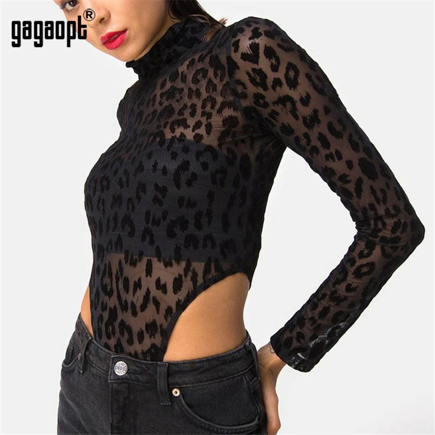 Gagaopt Leopard боди с длинным рукавом сексуальное женский черный модные животных