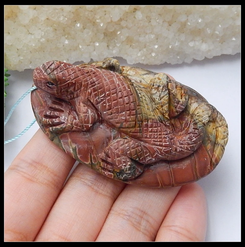 Natural Stone Carved Animal Lizard Multi-Color Picasso Necklace Pendant,61x37x17mm,41.2g semiprecious stone fashion pendant