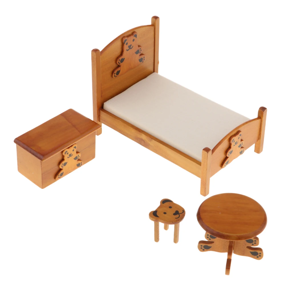 MagiDeal 1/12 кукольный домик, миниатюрная мебель, деревянная кровать, стол, Маленький стул, ночной стол, набор