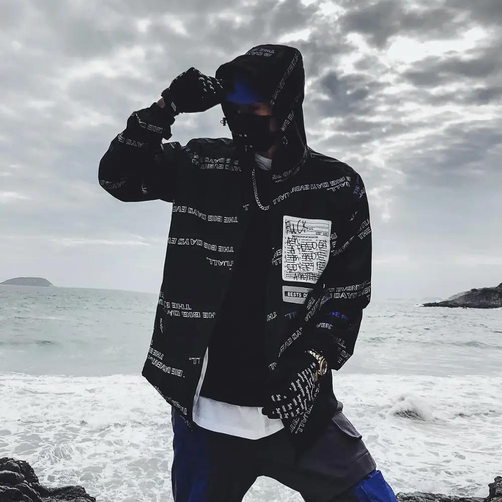 

Men Jacket Hip Hop Streetwear Dance Clothes Harajuku Japanese Style Printed Hit Color Hooded Jackets Bangtan Boys Outwear