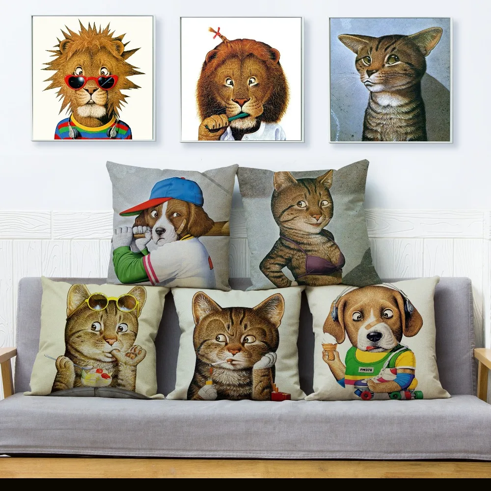 

Funny Cartoon Animals Cat Dog Print Cushion Cover 45*45 Square Pillow Covers Throw Pillows Cases Car Sofa Home Decor Pillowcase