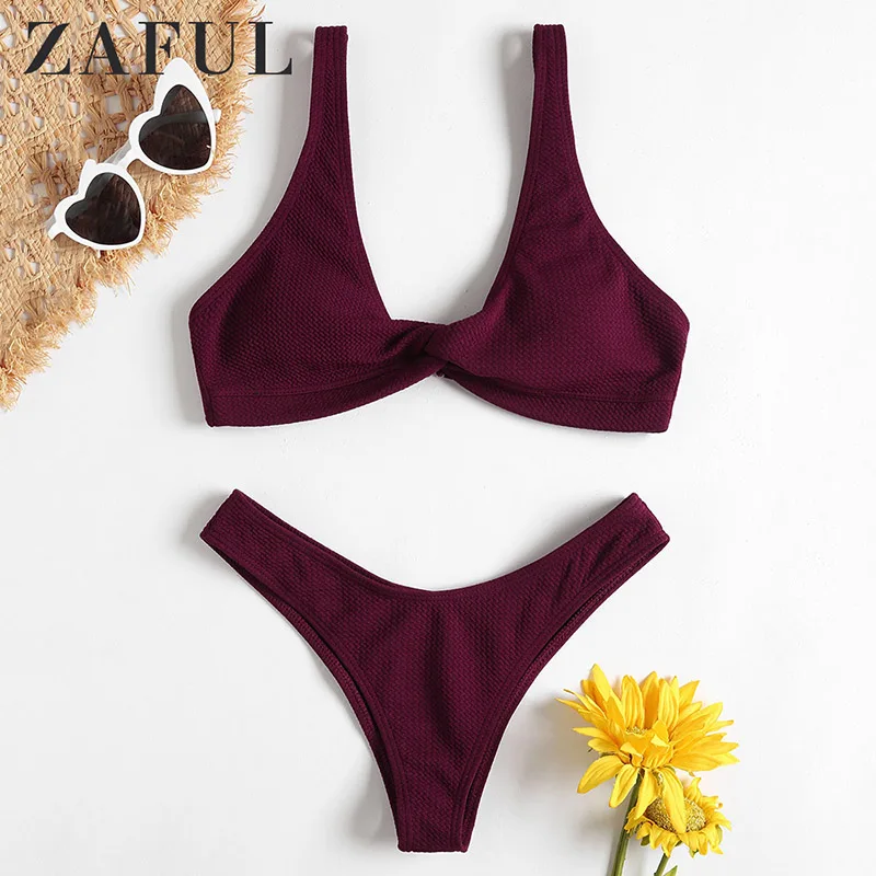 

ZAFUL Summer Bikini Textured Twist Front Bathing Suit Padded Women Thong Bikinis Set Solid Sexy Low Waist Beach Swimwear 2021